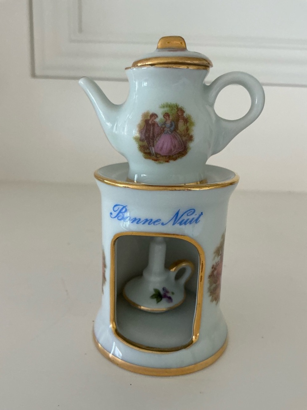Bonne Nuit White & Gold Porcelain Miniature Limoges Teapot Warmer Set
